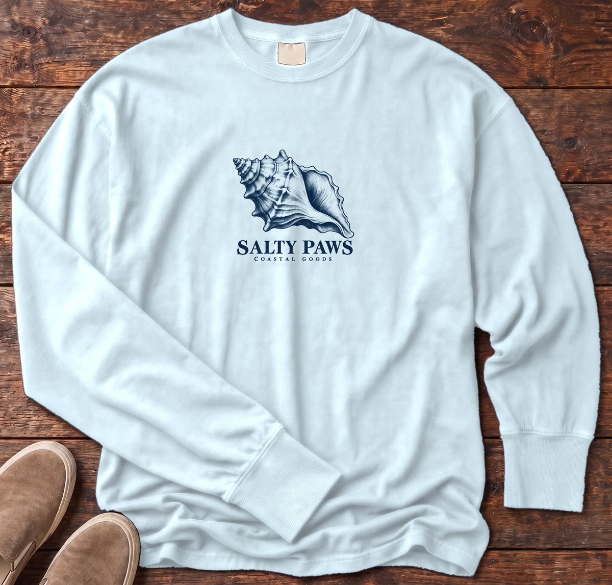 Conch Shell Long Sleeve Tee in Chambray, Salty Paws Comfort Colors Long Sleeve Tee, front design flat lay