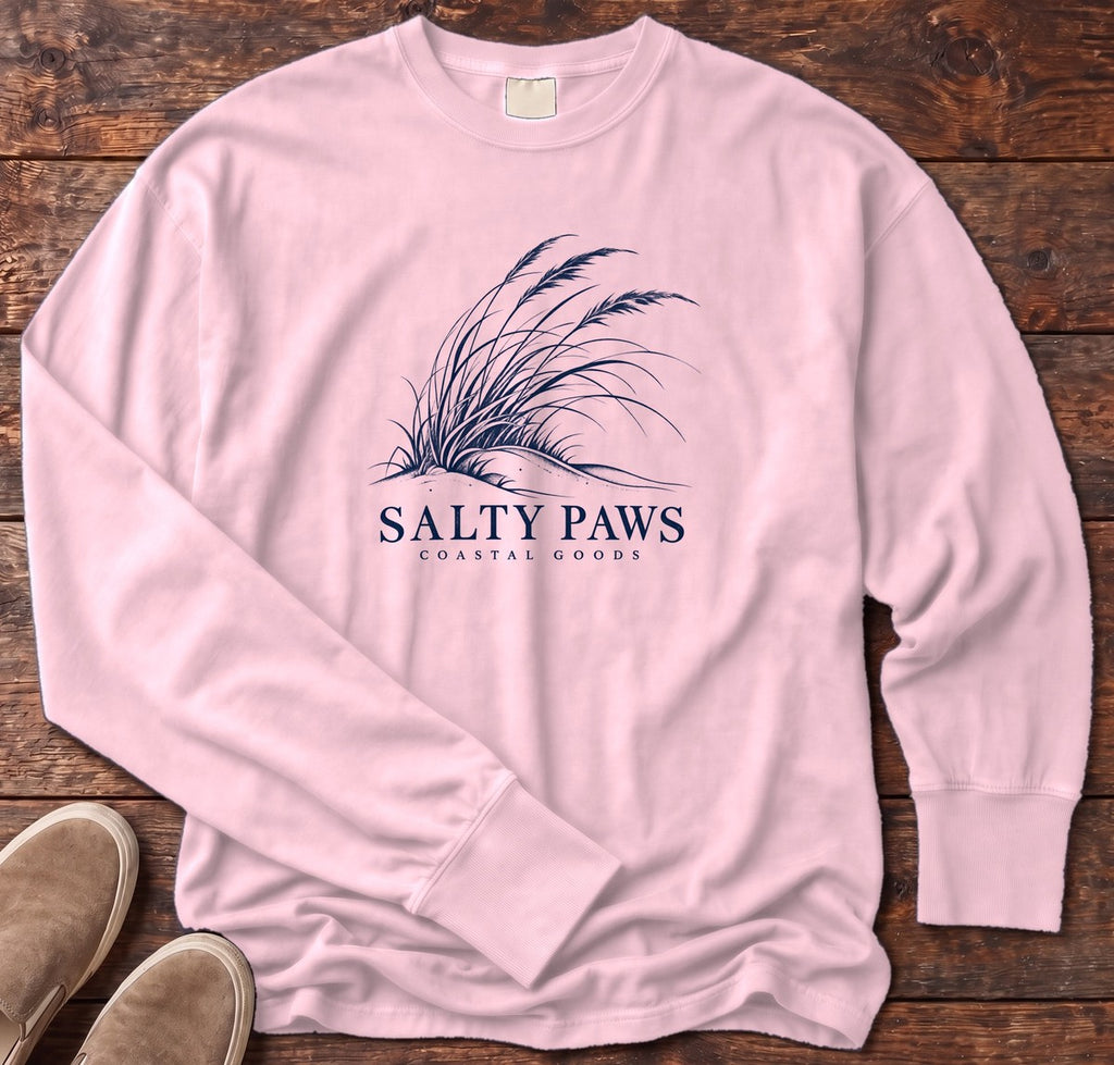 Salty Paws Dune Grass Long Sleeve Tee in Blossom, Salty Paws Comfort Colors Long Sleeve Tee, front design flat lay