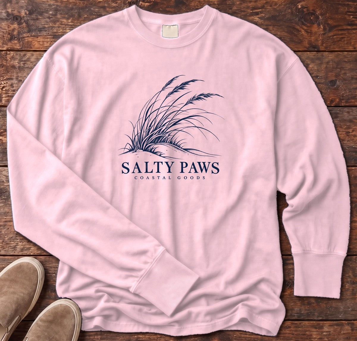 Salty Paws Dune Grass Long Sleeve Tee in Blossom, Salty Paws Comfort Colors Long Sleeve Tee, front design flat lay