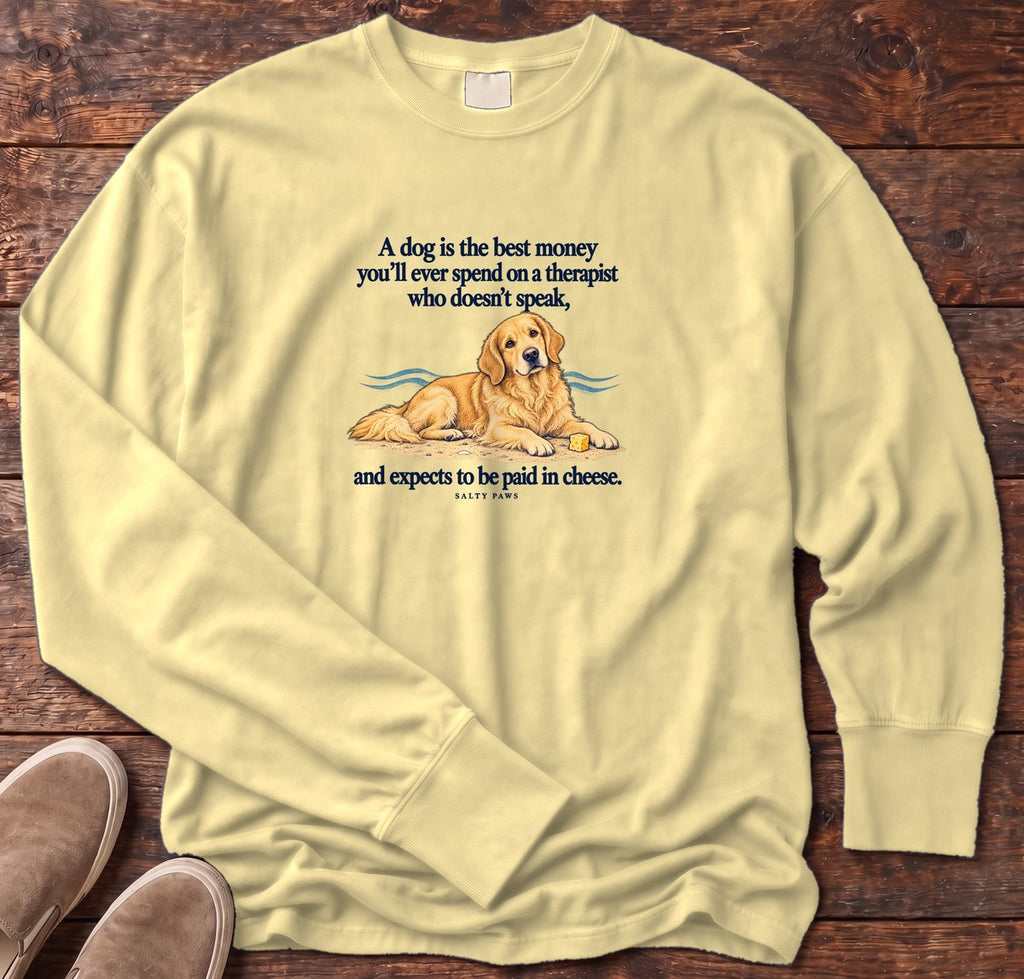 Paid in Cheese Golden Retriever Long Sleeve Tee in Butter, Salty Paws Comfort Colors Long Sleeve Tee, front design flat lay