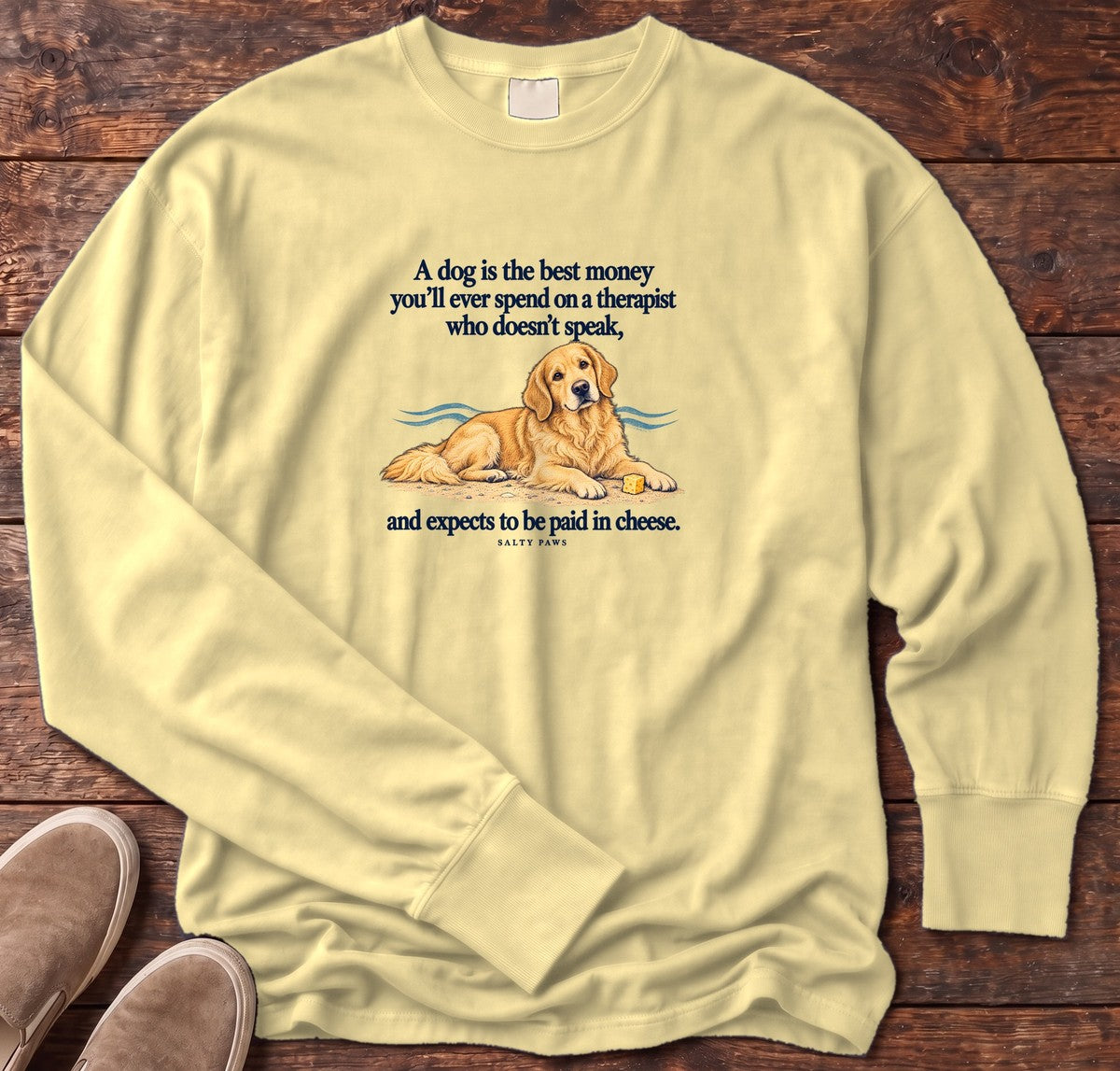 Paid in Cheese Golden Retriever Long Sleeve Tee in Butter, Salty Paws Comfort Colors Long Sleeve Tee, front design flat lay
