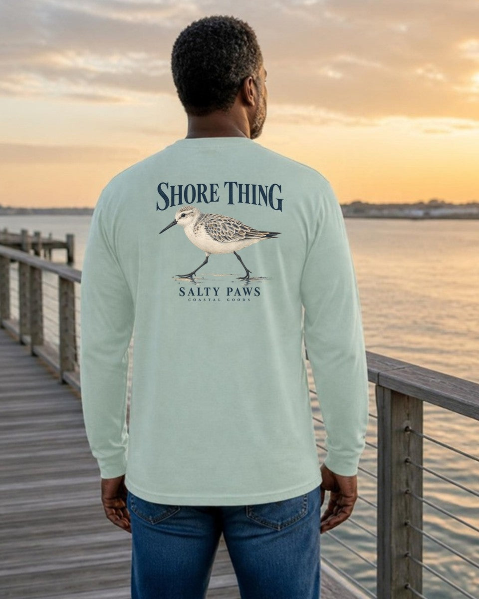 Shore Thing Sandpiper Salty Paws Coastal Goods Back Design Long Sleeve Tee in Chalky Mint worn by a model, Salty Paws Comfort Colors Long Sleeve Tee