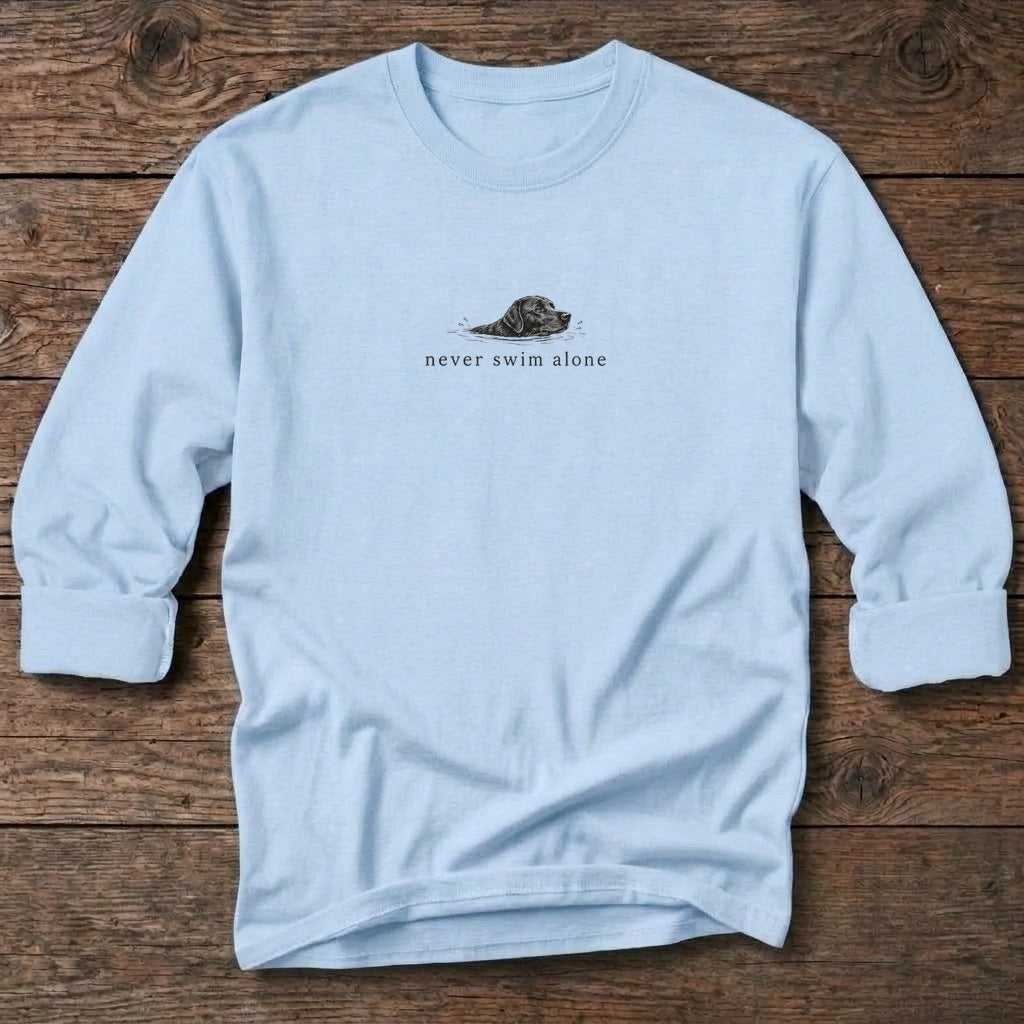 Never Swim Alone Lab Dog T-Shirt in Light Blue, Salty Paws coastal long sleeve tee