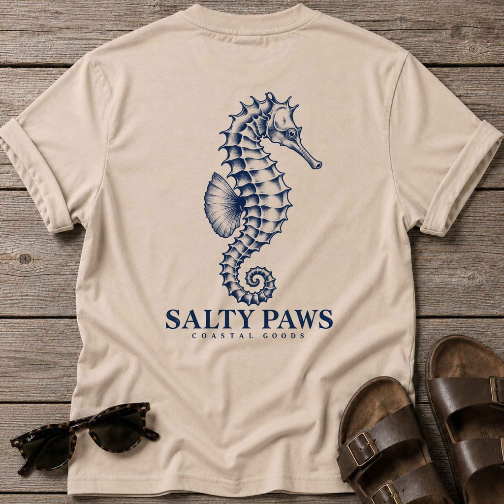 Seahorse Coastal Goods Back Design T-Shirt in Sand, Salty Paws T-Shirt, back design flat lay