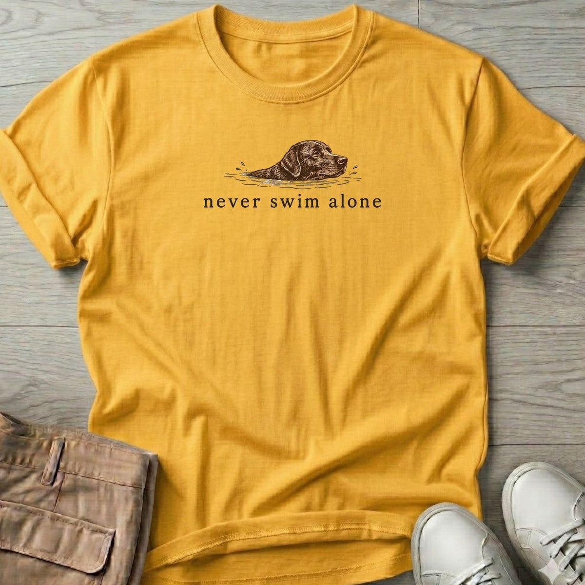 Never Swim Alone Chocolate Lab T-Shirt in Daisy, front design flat lay