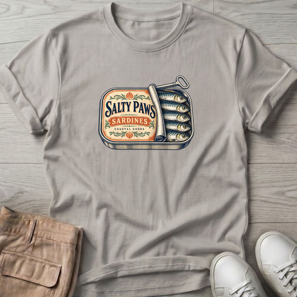 Salty Paws Sardines Coastal Goods T-Shirt in Ice Grey, Salty Paws T-Shirt, front design flat lay
