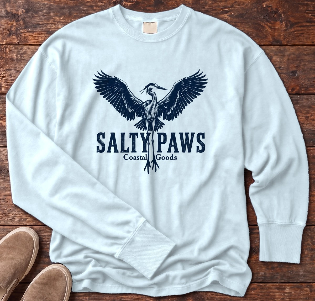 Rising Heron Salty Paws Coastal Goods Long Sleeve Tee in Chambray, Salty Paws Comfort Colors Long Sleeve Tee, front design flat lay