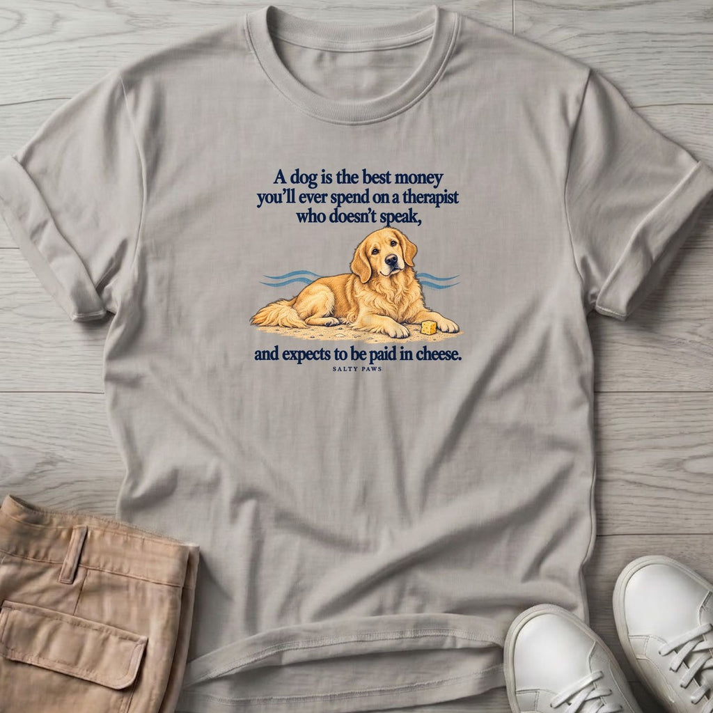 Paid in Cheese Golden Retriever T-Shirt in Ice Grey, Salty Paws T-Shirt, front design flat lay