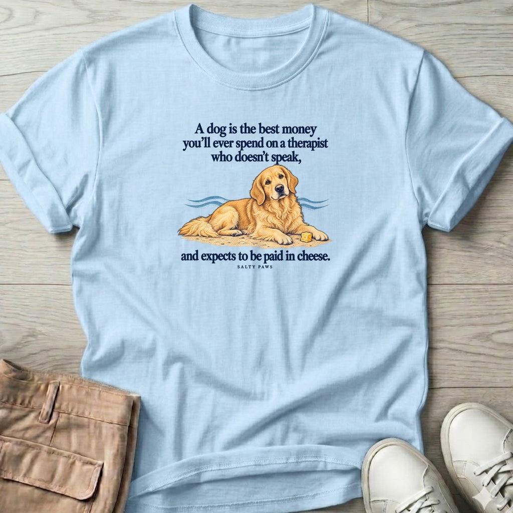 Paid in Cheese Golden Retriever T-Shirt in Light Blue, Salty Paws T-Shirt, front design flat lay