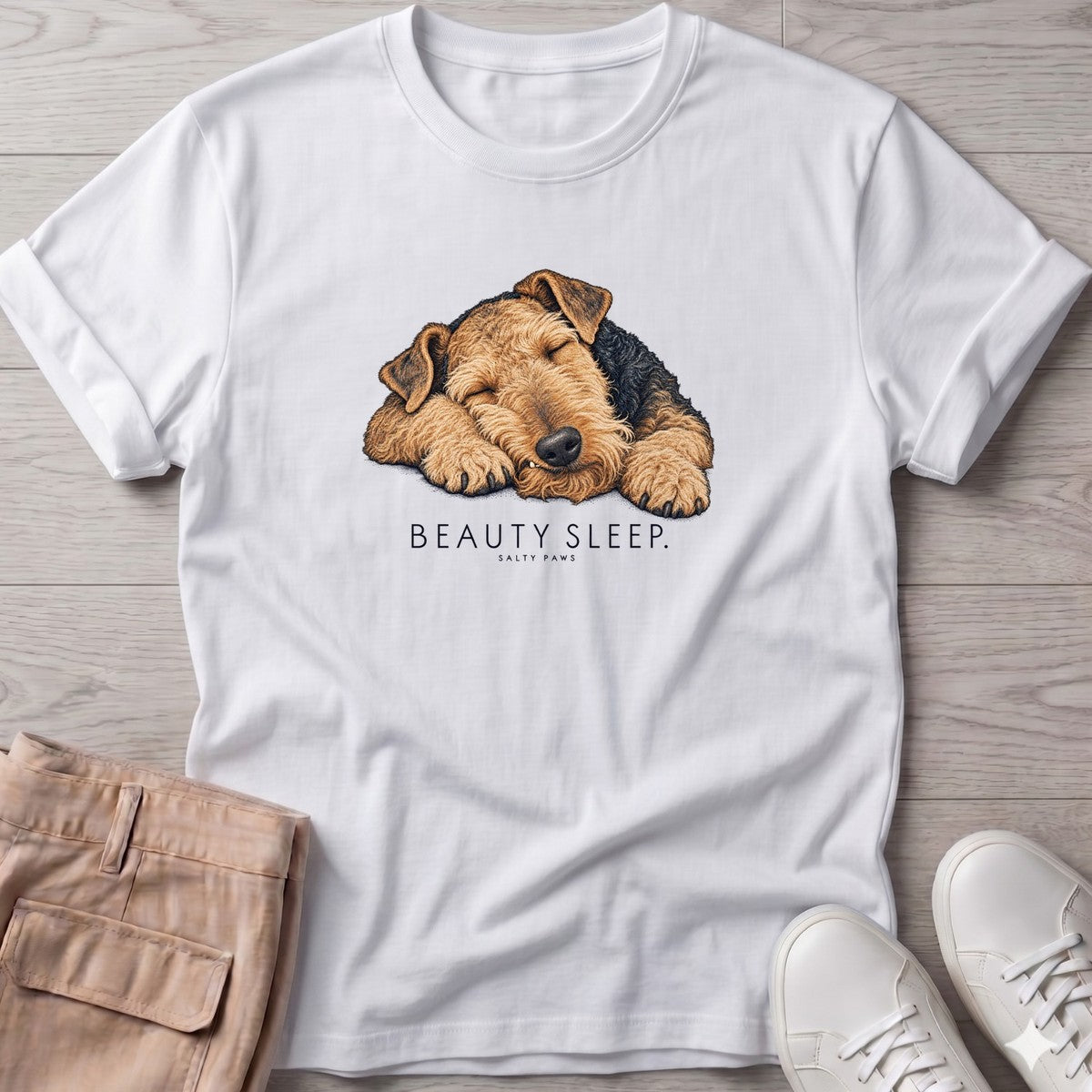 Beauty Sleep Airedale Terrier T-Shirt in White, Salty Paws T-Shirt, front design flat lay