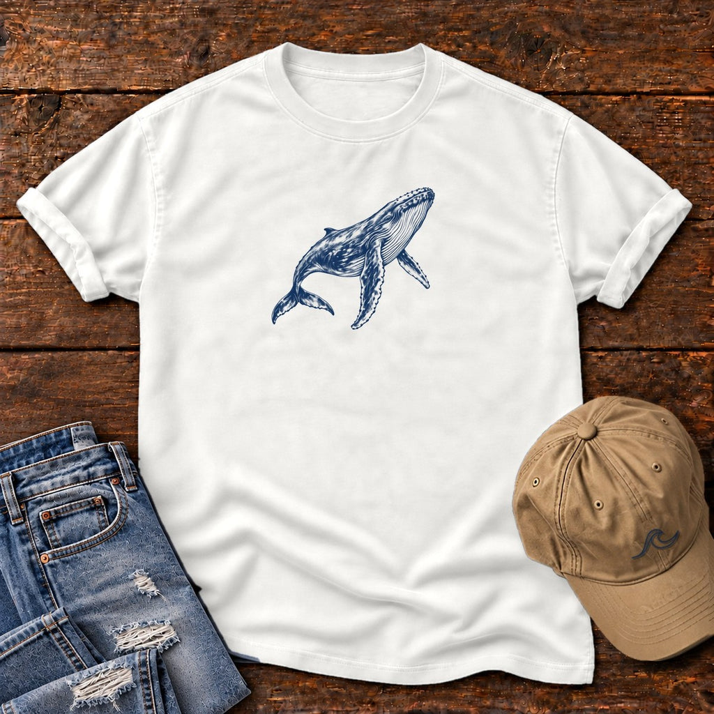Humpback Whale T-Shirt in White, Salty Paws Comfort Colors T-Shirt, front design flat lay