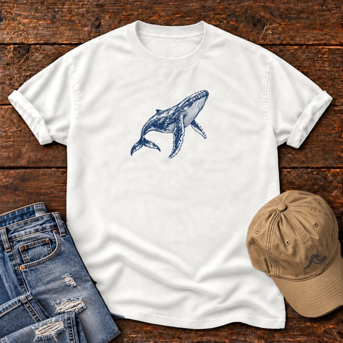 Humpback Whale T-Shirt in White, Salty Paws Comfort Colors T-Shirt, front design flat lay