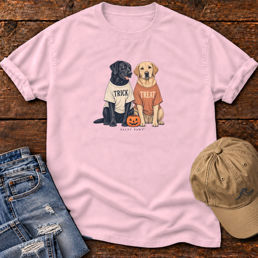 Trick or Treat Labs T-Shirt in Blossom, Salty Paws Comfort Colors T-Shirt, front design flat lay