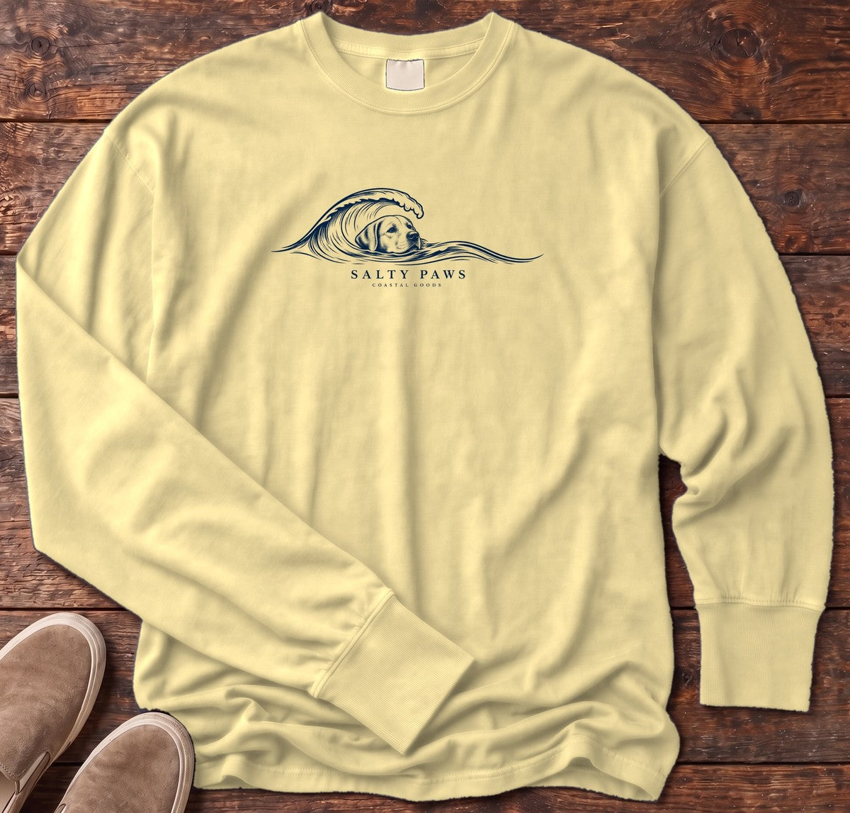Labrador Wave Long Sleeve Tee in Butter, Salty Paws Comfort Colors long sleeve tee