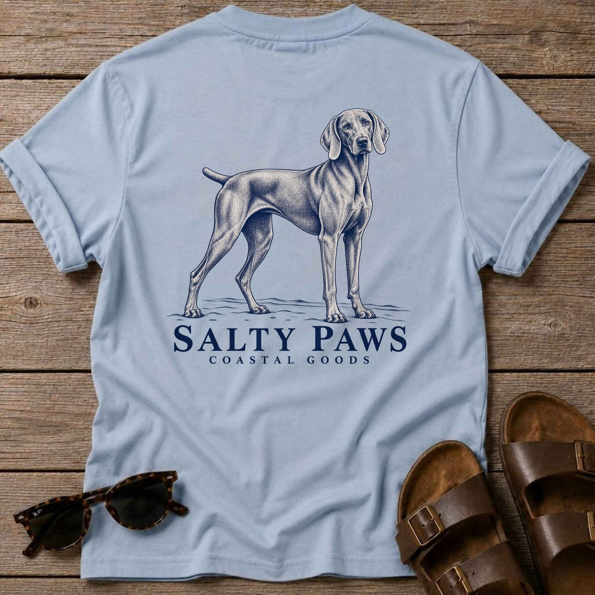 Weimaraner Coastal Goods Back Design T-Shirt in Light Blue, Salty Paws T-Shirt, back design flat lay