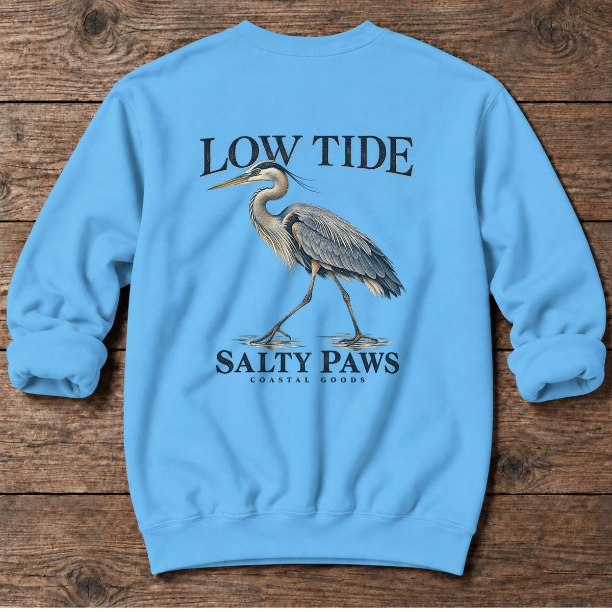 Low Tide Heron Salty Paws Coastal Goods Back Design Midweight Sweatshirt in Sky, Salty Paws Midweight Sweatshirt, back design flat lay