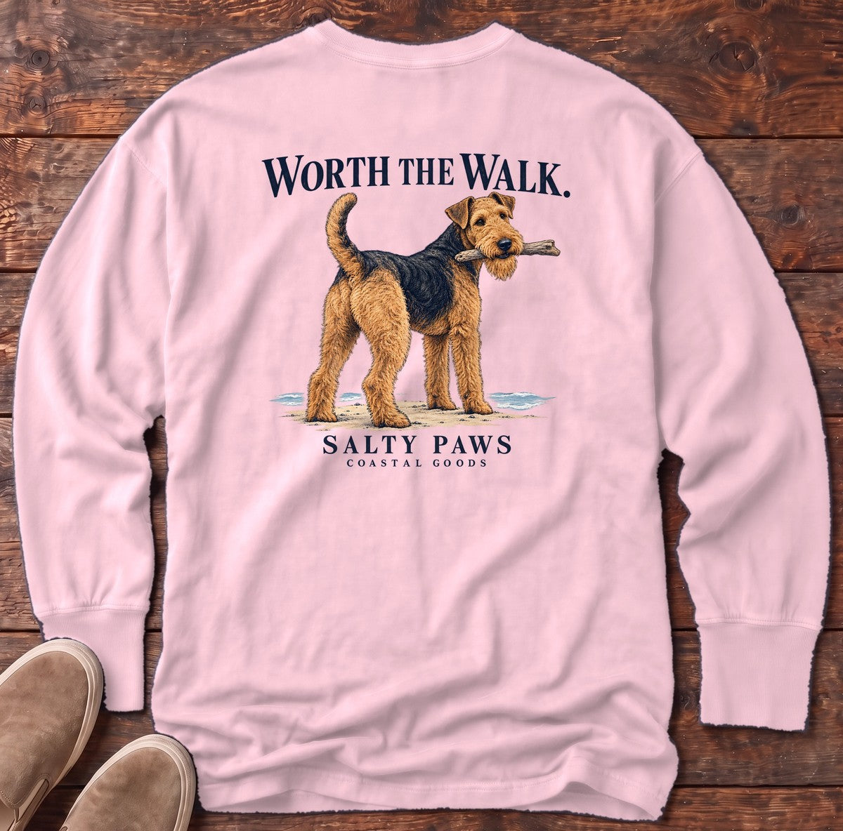 Worth the Walk Airedale Back Design Long Sleeve Tee in Blossom, Salty Paws Comfort Colors Long Sleeve Tee, back design flat lay