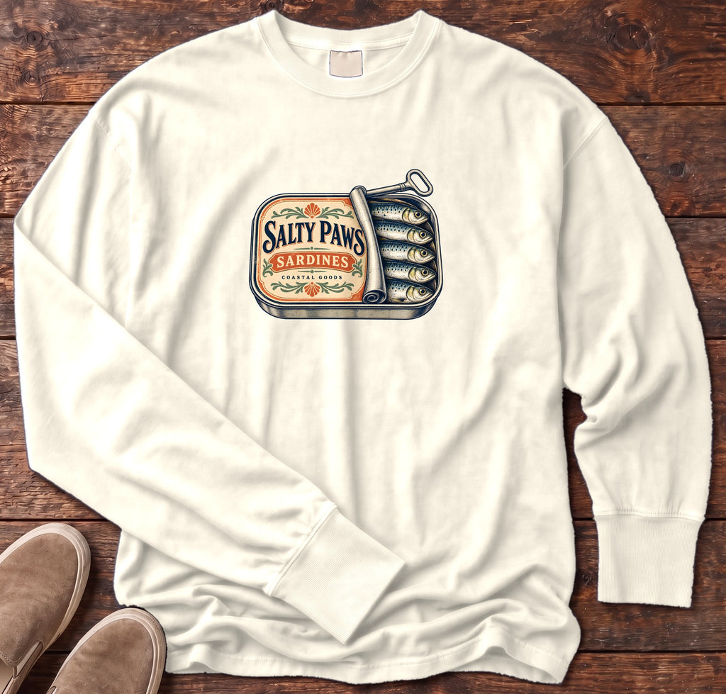 Salty Paws Sardines Coastal Goods Long Sleeve Tee in Ivory, Salty Paws Comfort Colors Long Sleeve Tee, front design flat lay