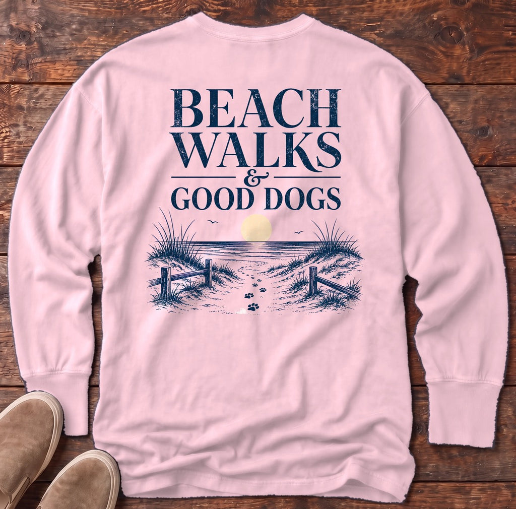 Beach Walks Good Dogs Back Design Long Sleeve Tee in Blossom, Salty Paws Comfort Colors long sleeve tee