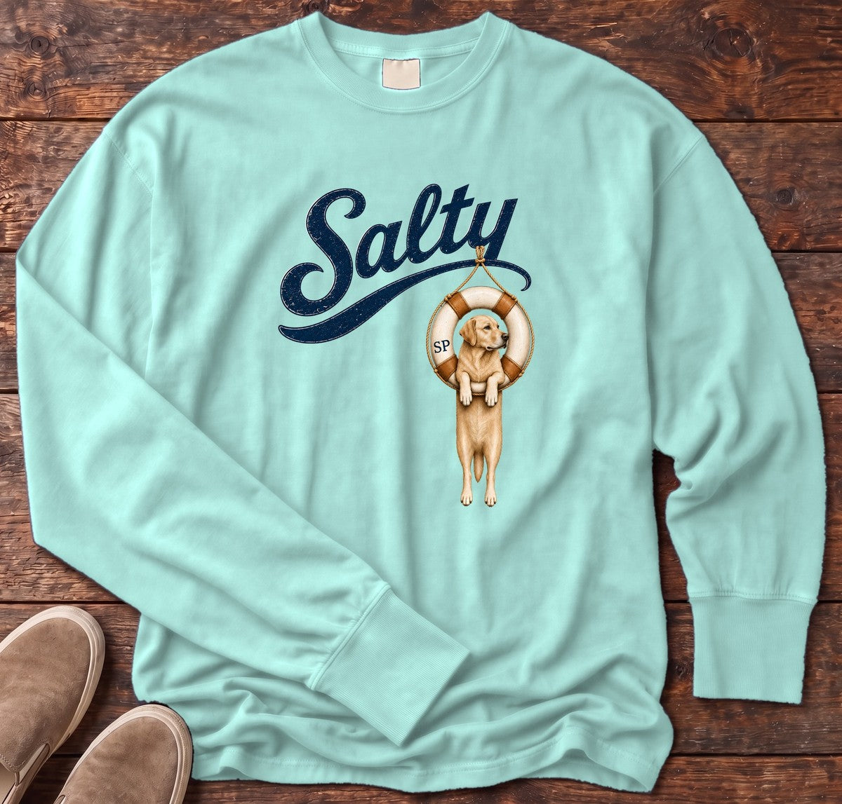 Salty Golden Tube Long Sleeve Tee Comfort Colors in Chalky Mint, Salty Paws Comfort Colors long sleeve tee