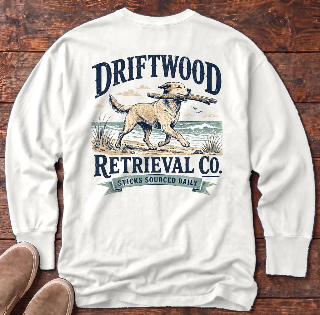 Driftwood Retriever Back Design Long Sleeve Tee in White, Salty Paws Comfort Colors long sleeve tee