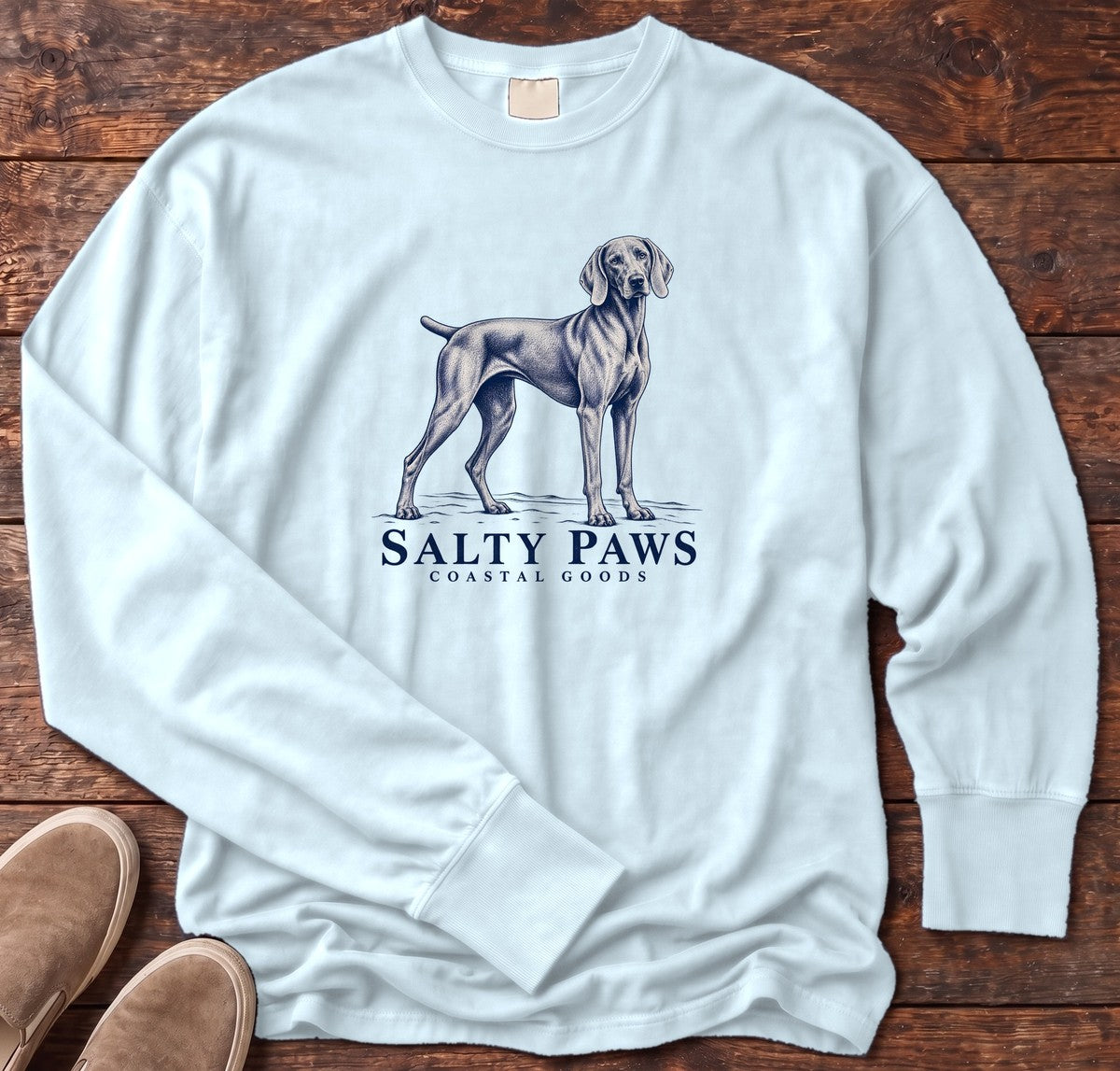Weimaraner Coastal Goods Long Sleeve Tee in Chambray, Salty Paws Comfort Colors Long Sleeve Tee, front design flat lay