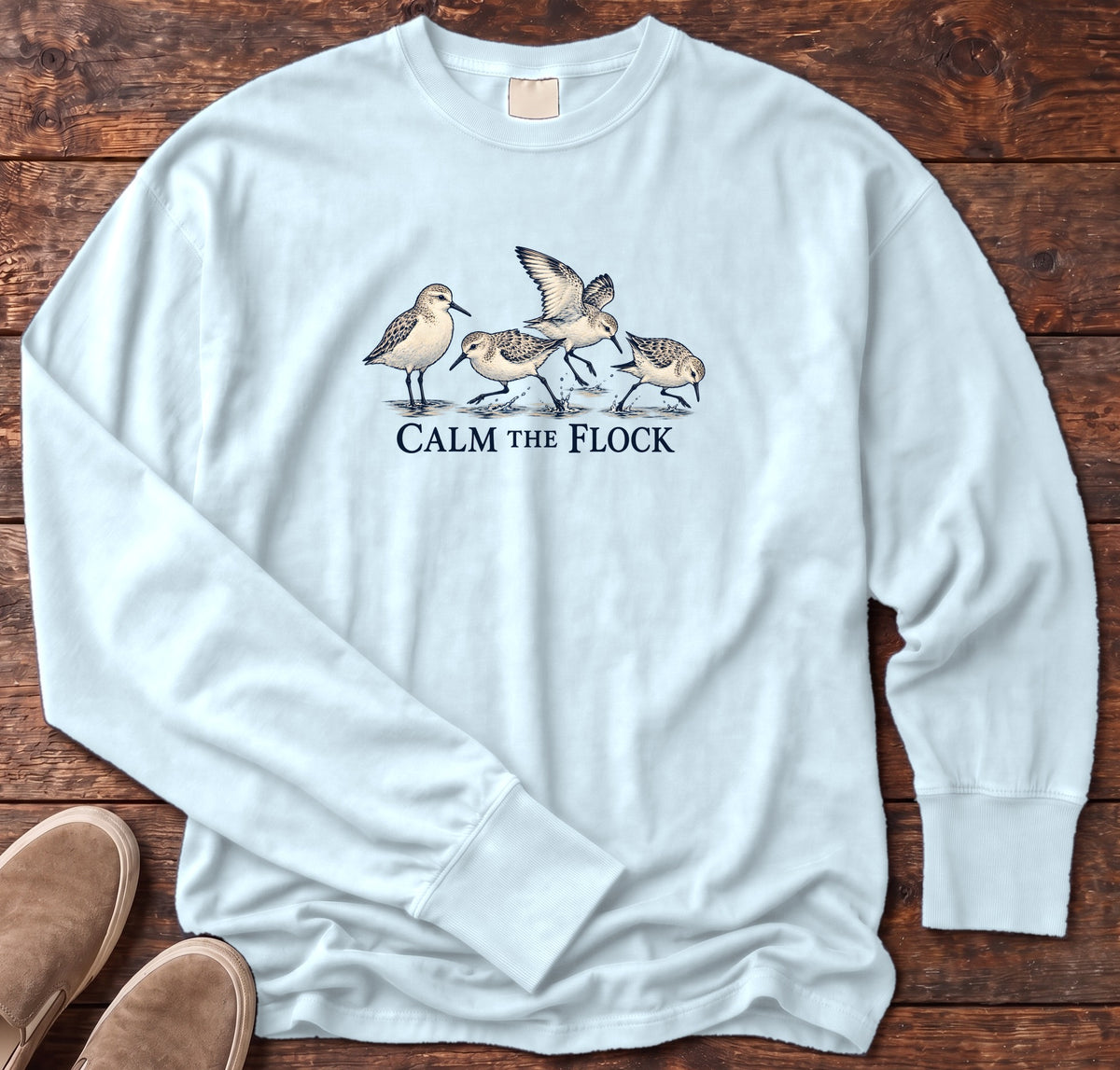 Calm the Flock Sandpipers Long Sleeve Tee in Chambray, Salty Paws Comfort Colors Long Sleeve Tee, front design flat lay