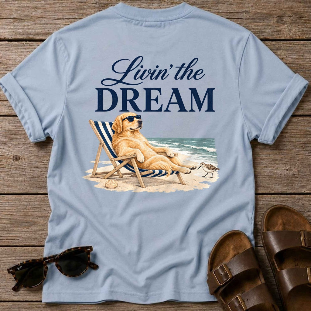 Livin' the Dream Golden Retriever Back Design T-Shirt in Light Blue, Salty Paws coastal t-shirt