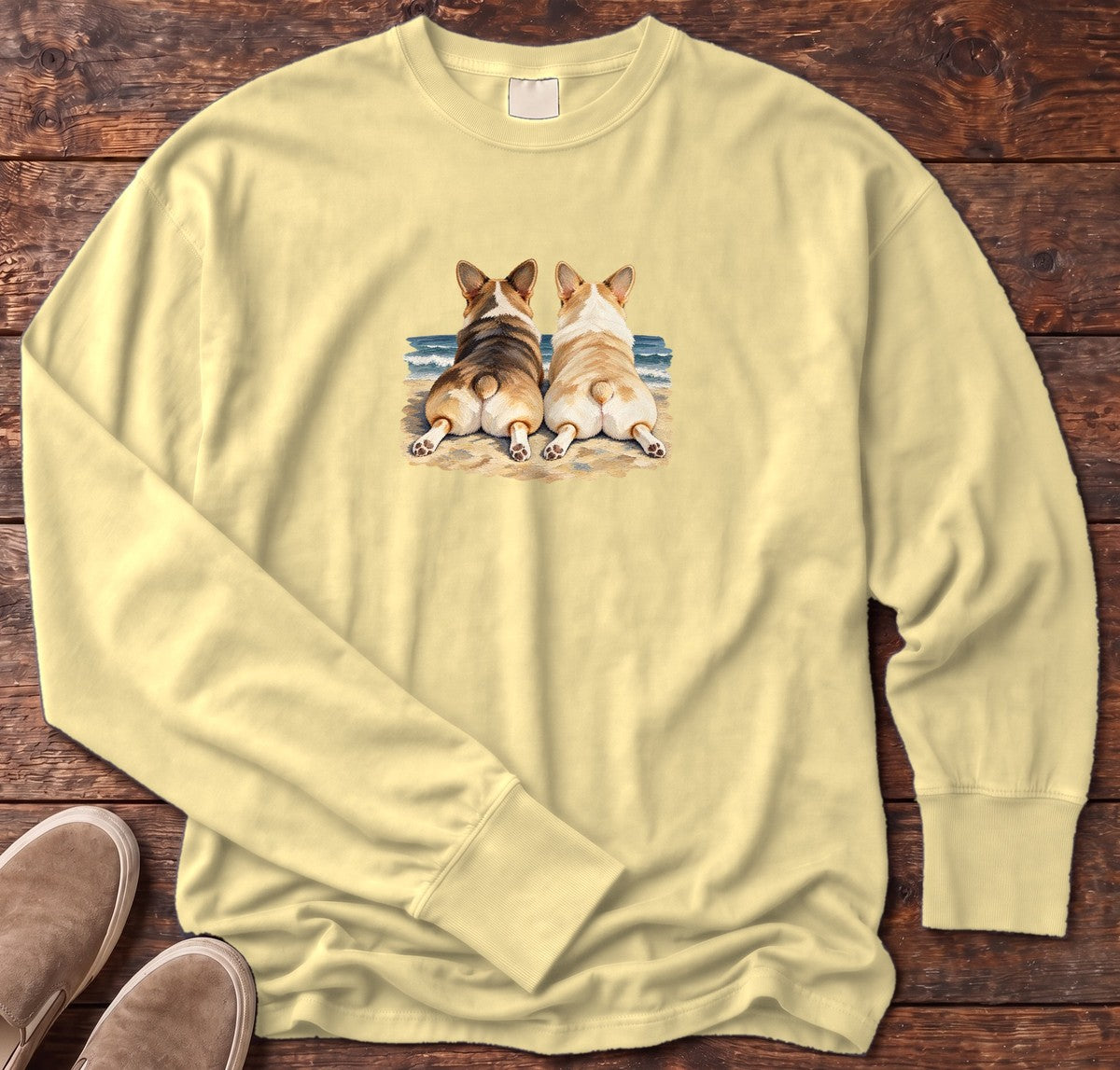 Two Corgis at the Ocean Long Sleeve Tee in Butter, Salty Paws Comfort Colors Long Sleeve Tee, front design flat lay