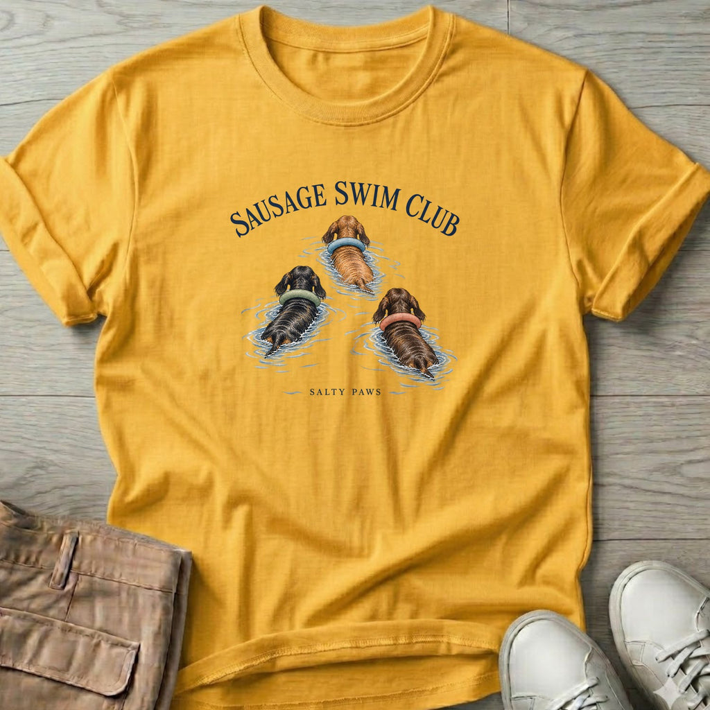 Sausage Swim Club Dachshund Trio T-Shirt in Daisy, Salty Paws T-Shirt, front design flat lay