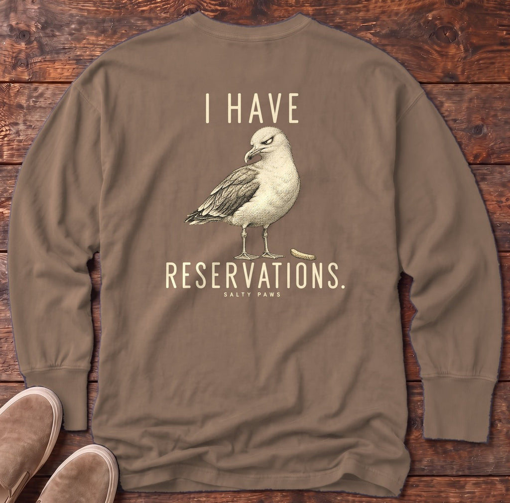 I Have Reservations Gull Back Design Long Sleeve Tee in Espresso, Salty Paws Comfort Colors Long Sleeve Tee, back design flat lay