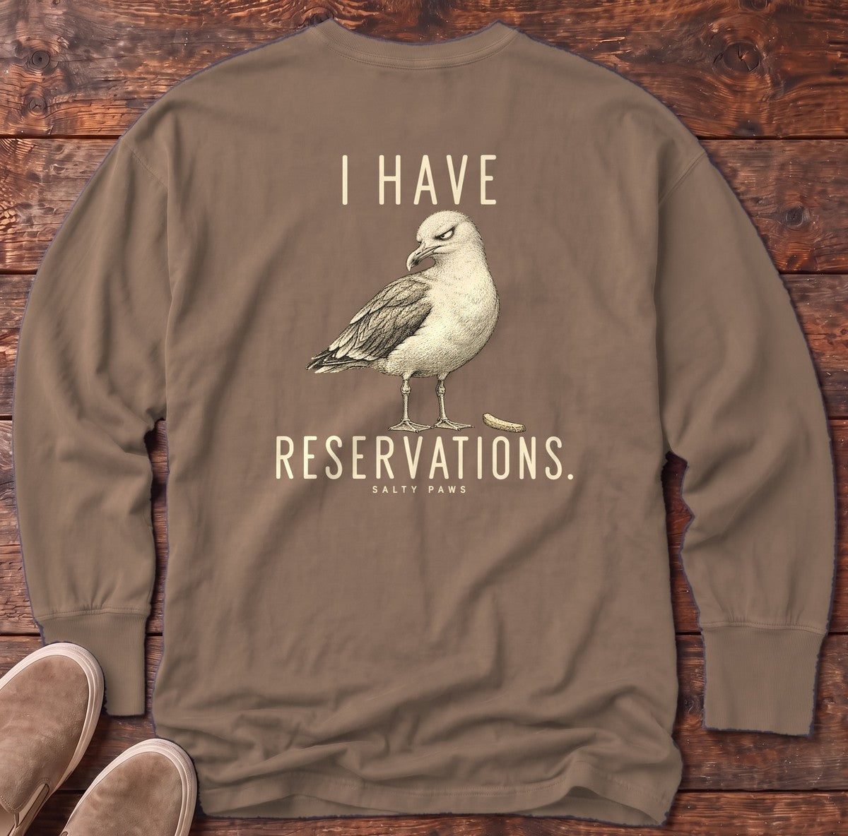 I Have Reservations Gull Back Design Long Sleeve Tee in Espresso, Salty Paws Comfort Colors Long Sleeve Tee, back design flat lay