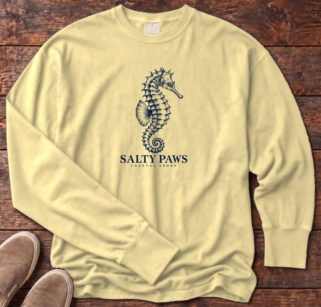 Seahorse Coastal Goods Long Sleeve Tee in Butter, Salty Paws Comfort Colors Long Sleeve Tee, front design flat lay