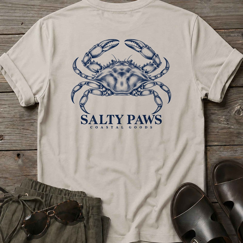 Blue Crab Coastal Goods Back Design T-Shirt in Ice Grey, Salty Paws T-Shirt, back design flat lay