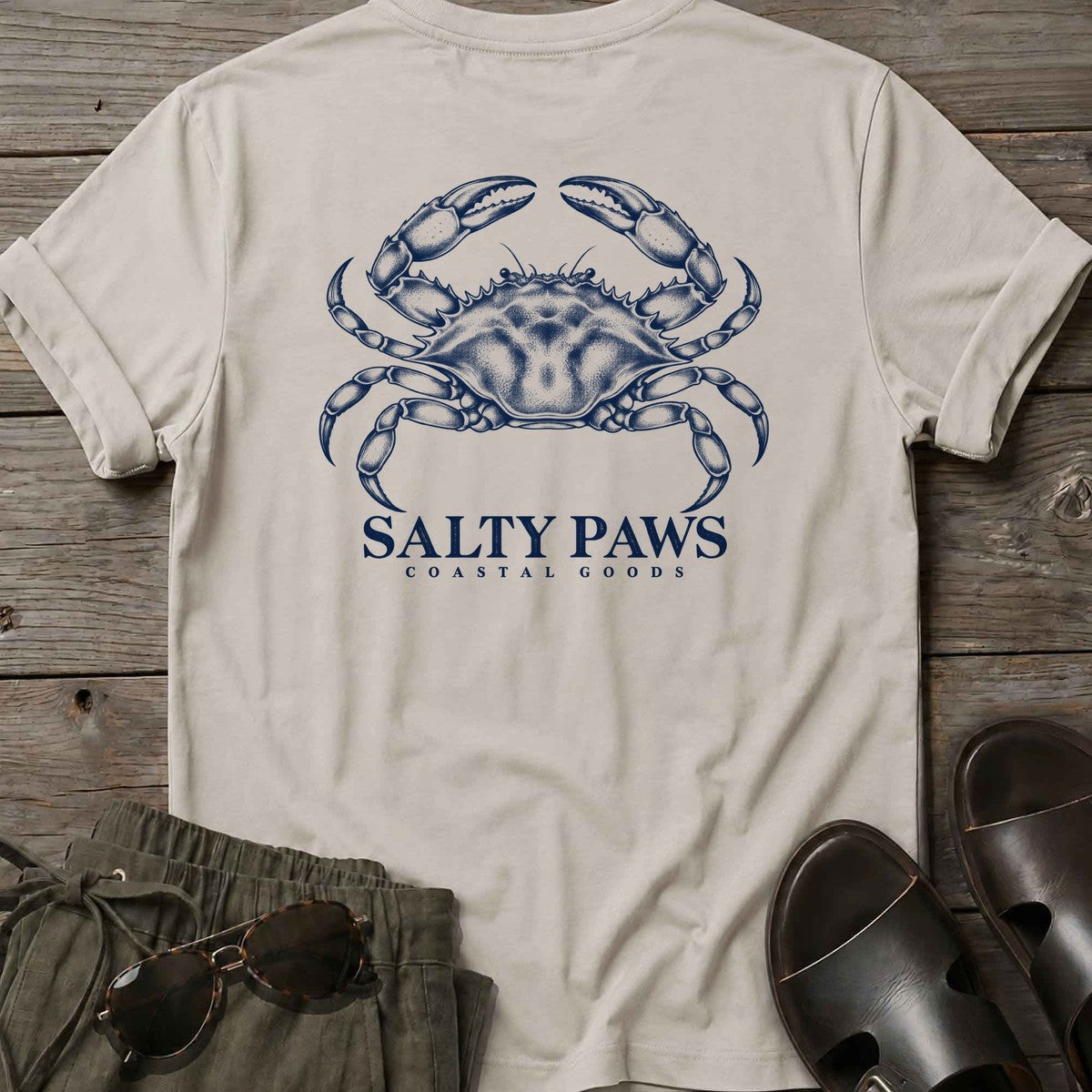 Blue Crab Coastal Goods Back Design T-Shirt in Ice Grey, Salty Paws T-Shirt, back design flat lay
