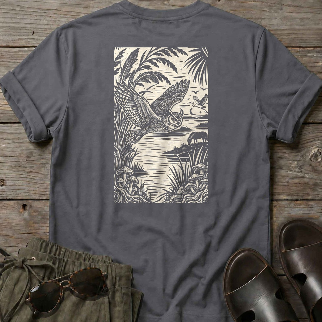 Owl Woodcut Back Design T-Shirt in Charcoal, Salty Paws coastal t-shirt