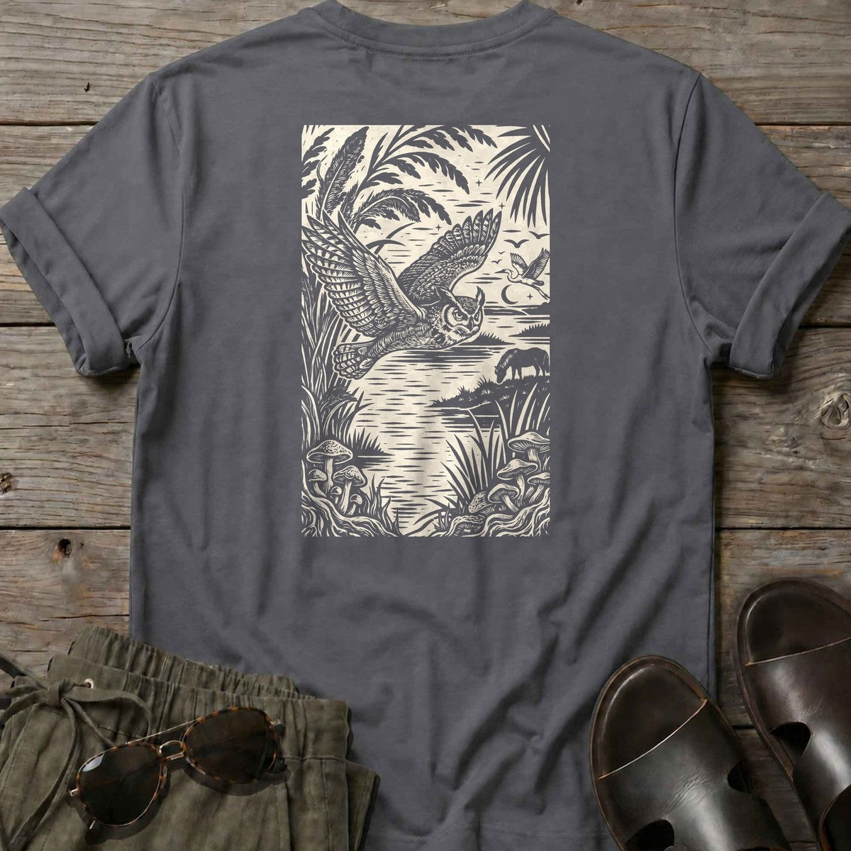 Owl Woodcut Back Design T-Shirt in Charcoal, Salty Paws coastal t-shirt