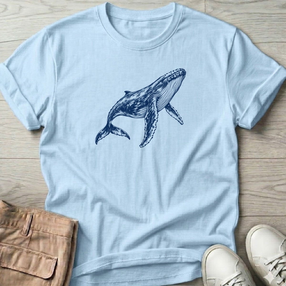Humpback Whale T-Shirt in Light Blue, Salty Paws T-Shirt, front design flat lay