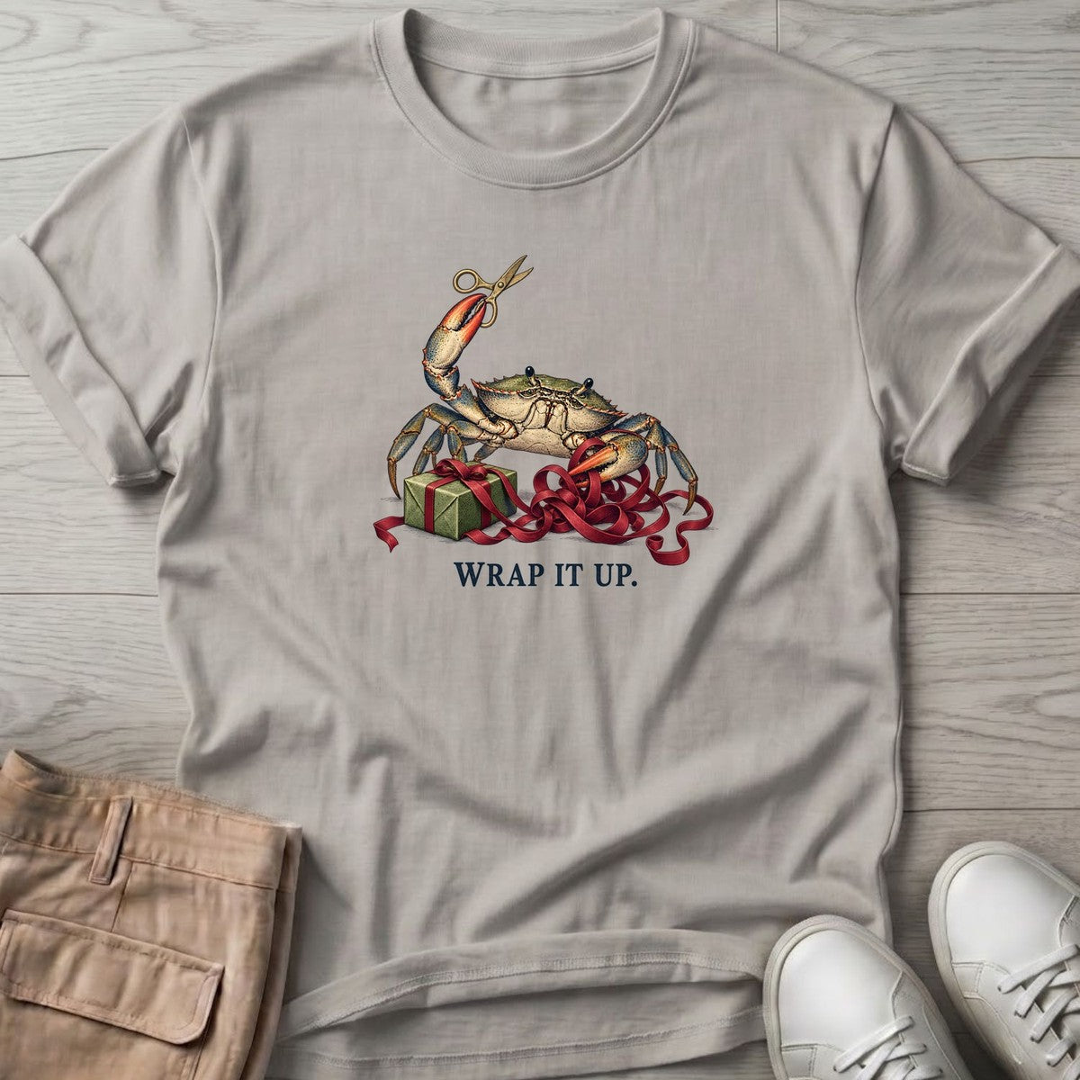 Wrap It Up Crab T-Shirt in Ice Grey, Salty Paws T-Shirt, front design flat lay