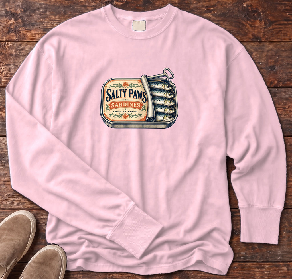 Salty Paws Sardines Coastal Goods Long Sleeve Tee in Blossom, Salty Paws Comfort Colors Long Sleeve Tee, front design flat lay