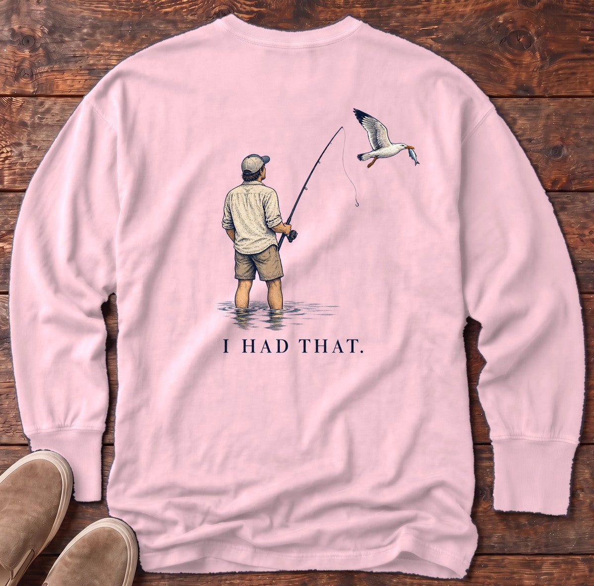 I Had That Seagull Back Design Long Sleeve Tee in Blossom, Salty Paws Comfort Colors Long Sleeve Tee, back design flat lay