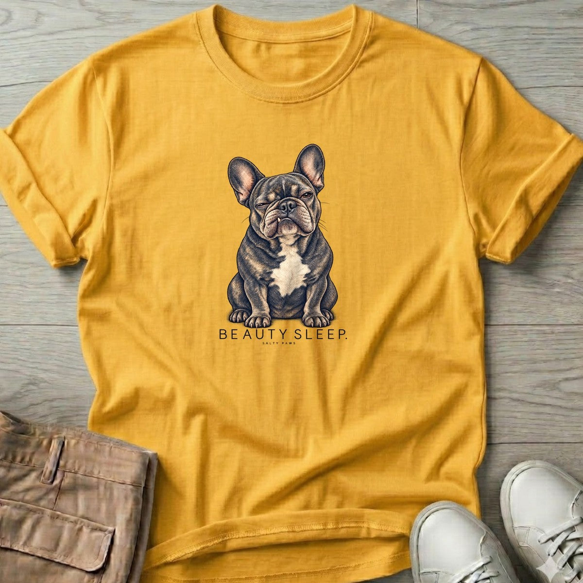 Beauty Sleep French Bulldog T-Shirt in Daisy, Salty Paws T-Shirt, front design flat lay