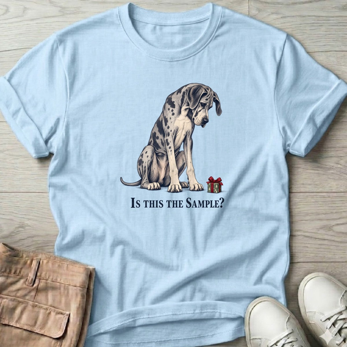 Is This the Sample Great Dane T-Shirt in Light Blue, Salty Paws T-Shirt, front design flat lay