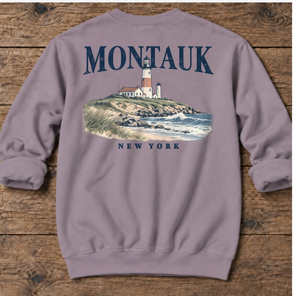 Montauk Lighthouse New York Back Design Midweight Sweatshirt in Paragon, Salty Paws Midweight Sweatshirt, back design flat lay