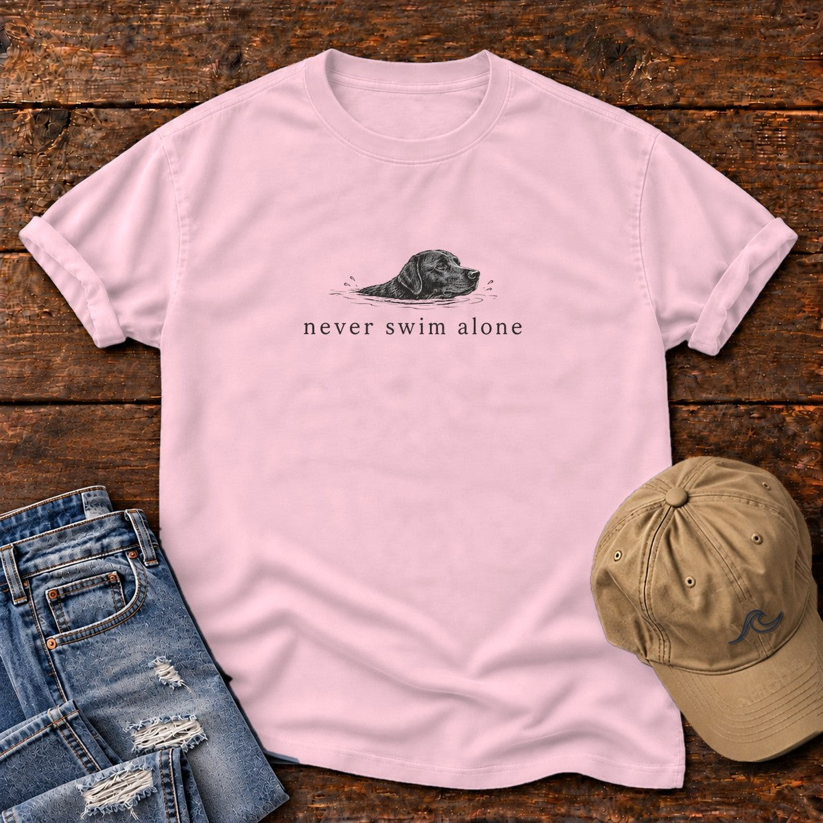 Never Swim Alone Lab Comfort Colors T-Shirt in Blossom, front design flat lay