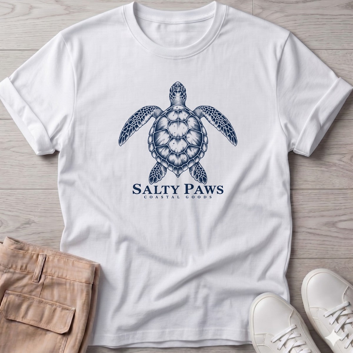 Sea Turtle Coastal Goods T-Shirt in White, Salty Paws T-Shirt, front design flat lay