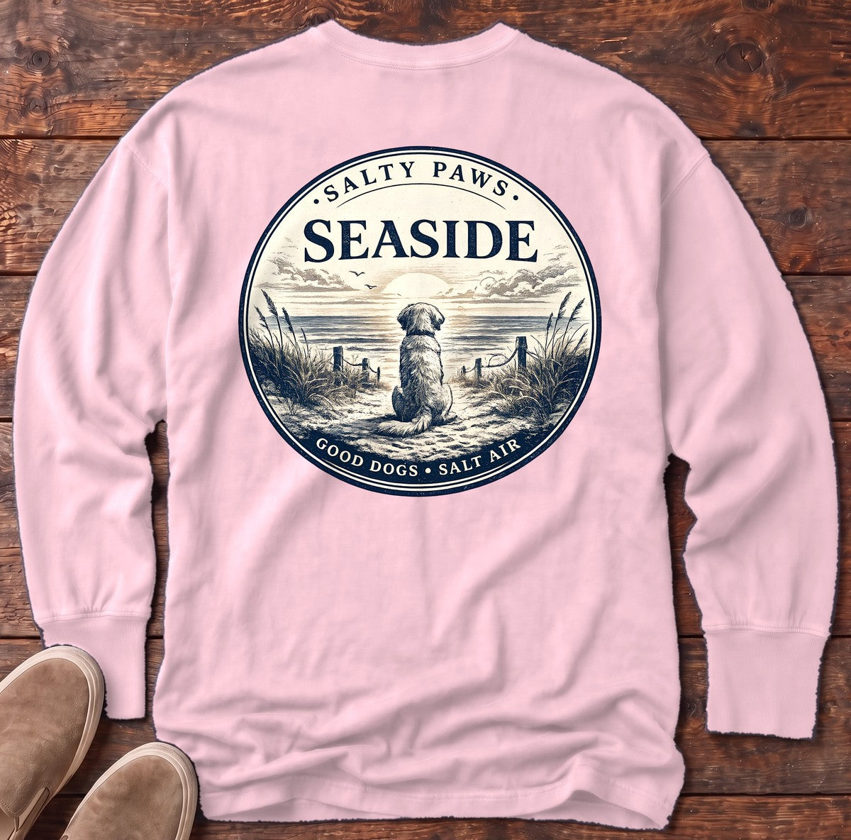 Seaside Good Dogs Back Design Long Sleeve Tee in Blossom, Salty Paws Comfort Colors long sleeve tee