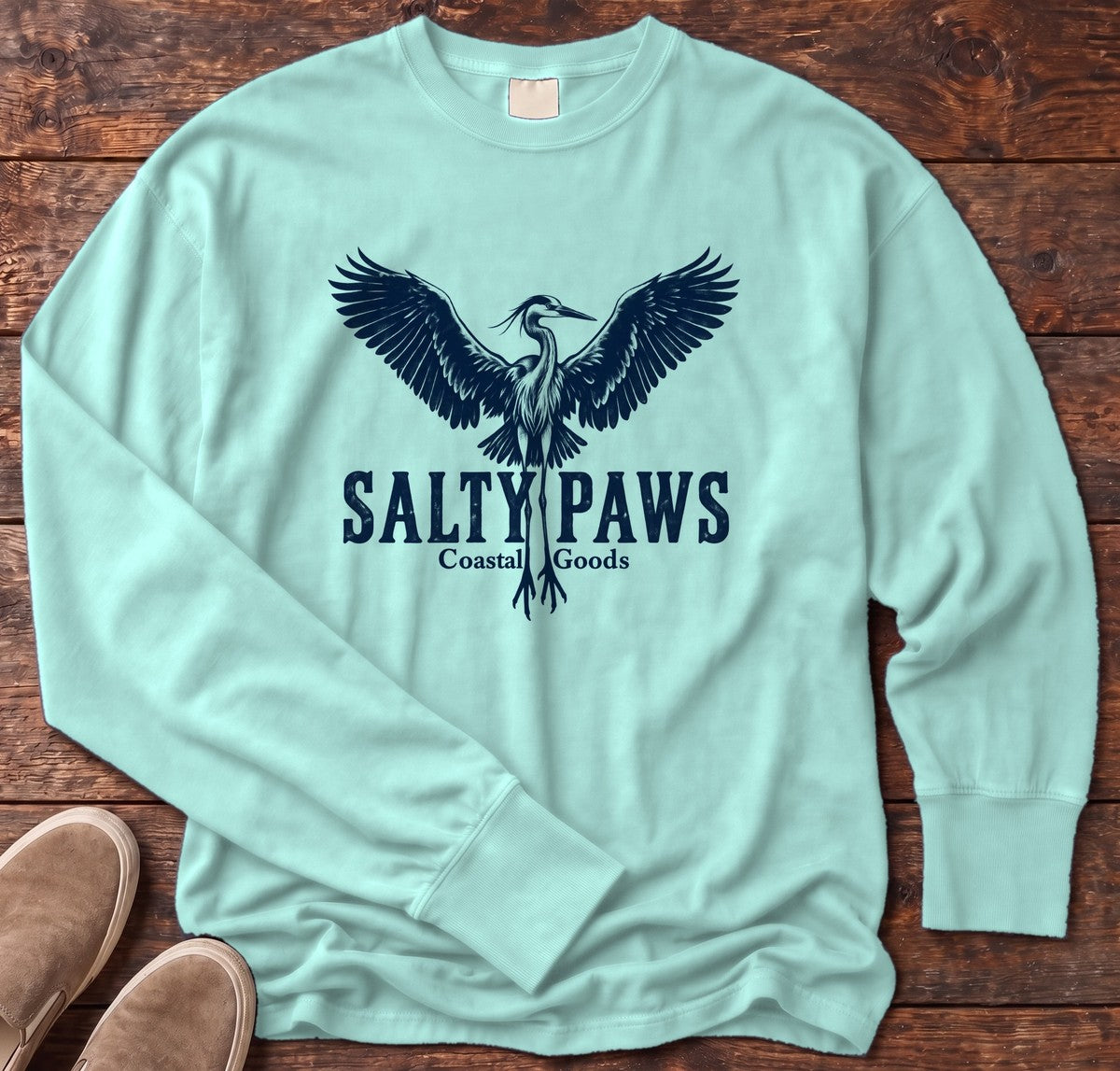 Rising Heron Salty Paws Coastal Goods Long Sleeve Tee in Chalky Mint, Salty Paws Comfort Colors Long Sleeve Tee, front design flat lay