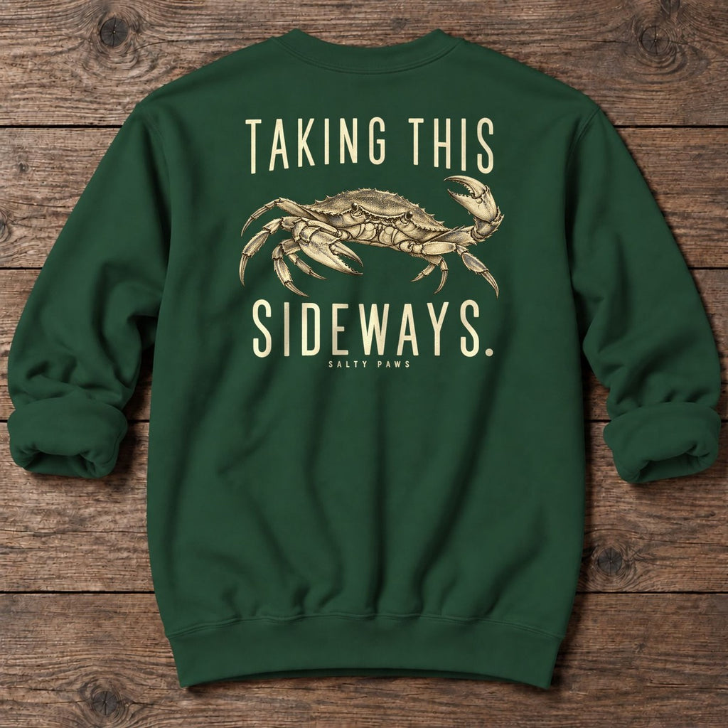Taking This Sideways Crab Back Design Midweight Sweatshirt in Forest Green, Salty Paws Midweight Sweatshirt, back design flat lay
