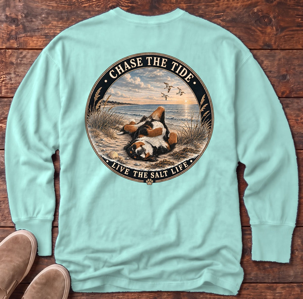 Chase the Tide Bernese Mountain Dog Back Design Long Sleeve Tee in Chalky Mint, Salty Paws Comfort Colors long sleeve tee